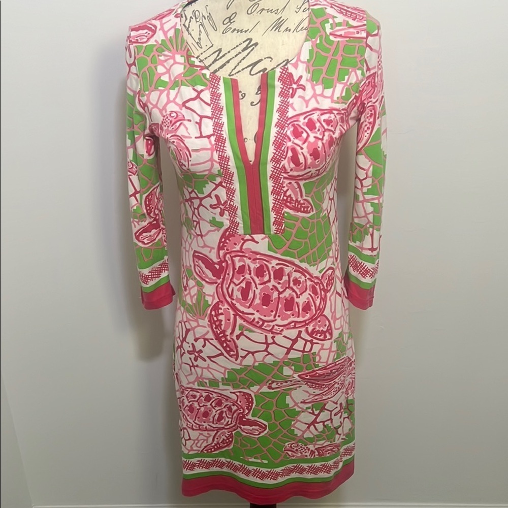 Barbara Gerwit Split Neck Pink and Green Turtle Print Dress XS